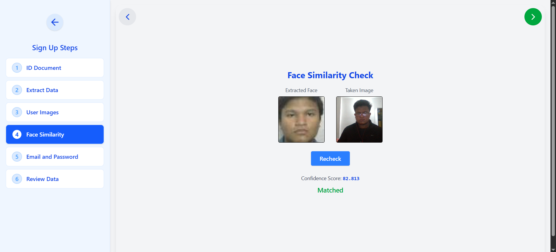 Sign-up step 4 — face matching